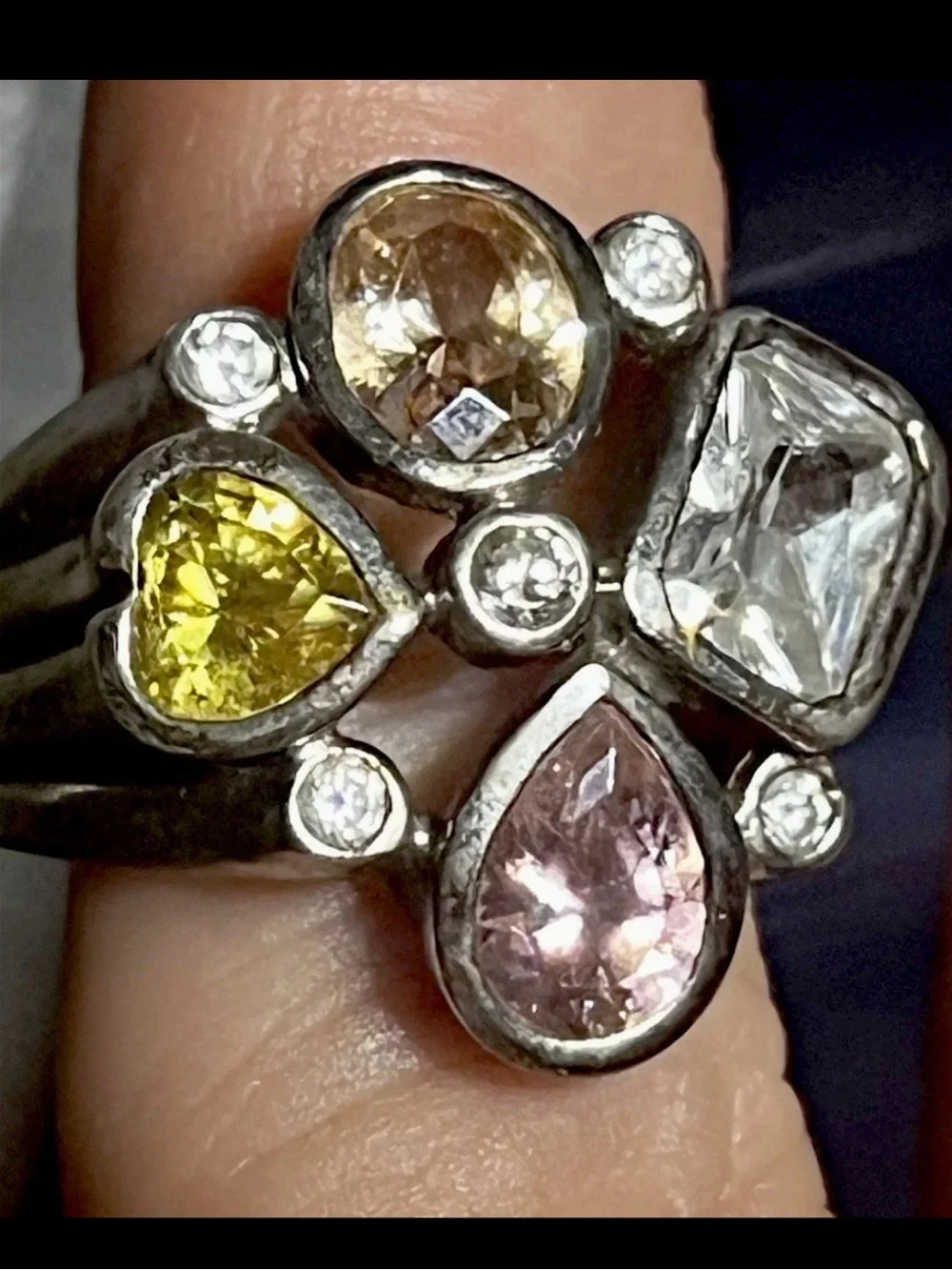 Chunky Multi-Gem Sterling Statement Ring - Yellow, Pink, Champagne & Clear CZ